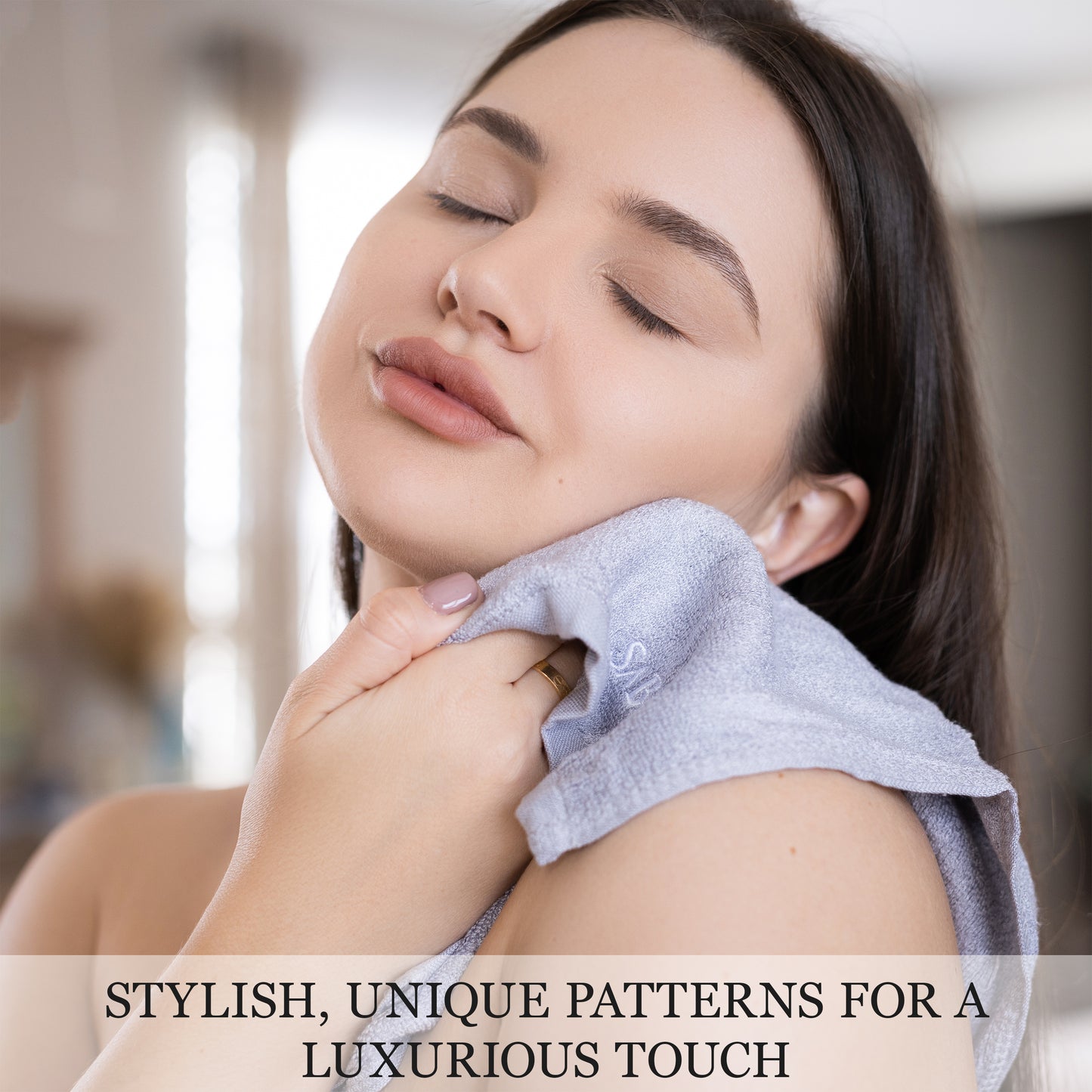 A FEMALE FEELING THE LUXURIOUS TOUCH OF SA BEAUTE BAMBOO FIBER WASHCLOTH in her face