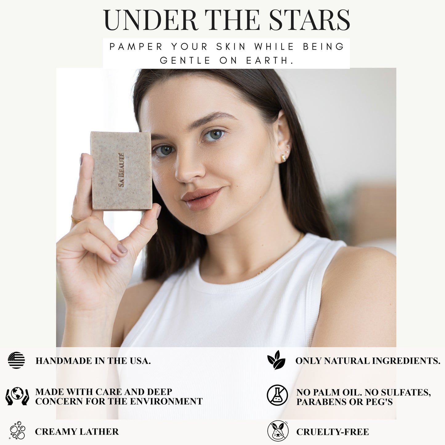 Female smiling holding under the stars natural soap bar